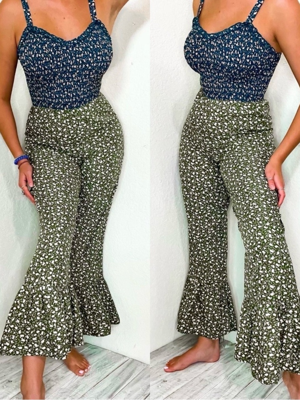 Band of Gypsies Smocked Olive & Navy Flare Leg Jumper - Size S